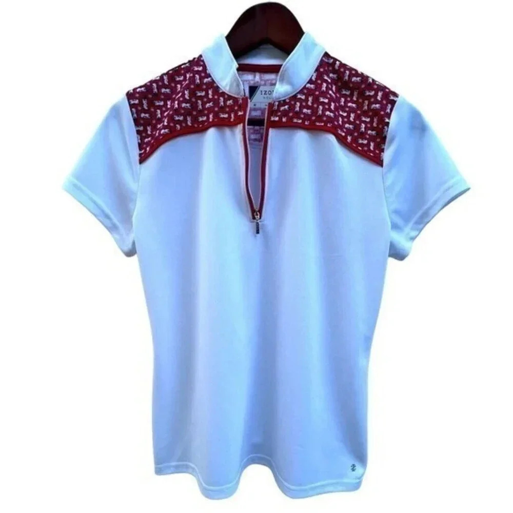Izod Women's Size M Shirt Short Sleeve White Red 1/4 Zip Golf Collarless Flaw
